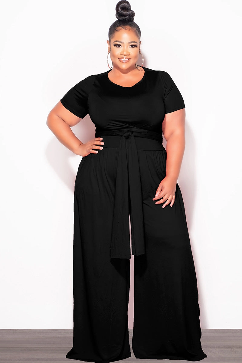 Final Sale Plus Size 2pc Short Sleeve Tie Top and Pants Set in Black Breathable activewear Comfortable Movement