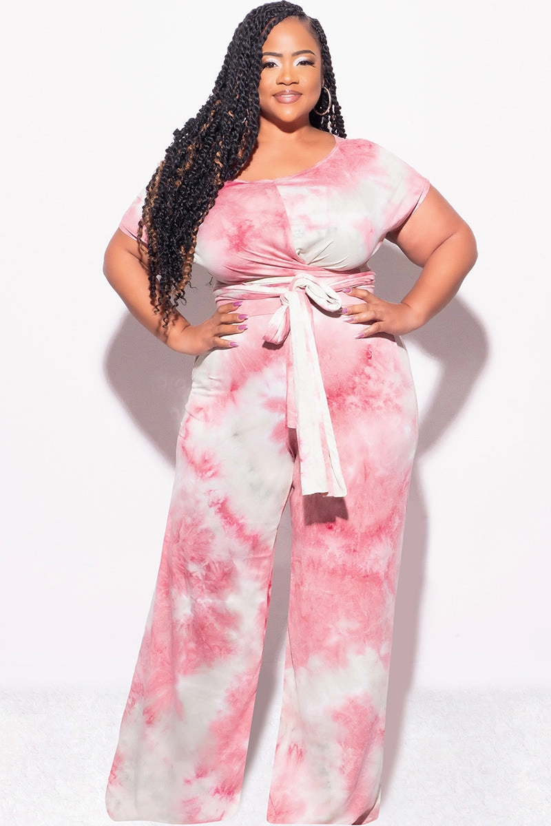 Quick-Dry Fabric Final Sale Plus Size 2pc Short Sleeve Tie Top and Pants Set in Mauve and Grey Tie Dye Print