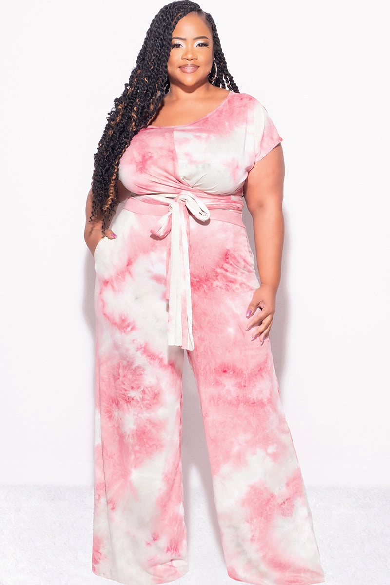 Final Sale Plus Size 2pc Short Sleeve Tie Top and Pants Set in Mauve and Grey Tie Dye Print All Purpose Wear