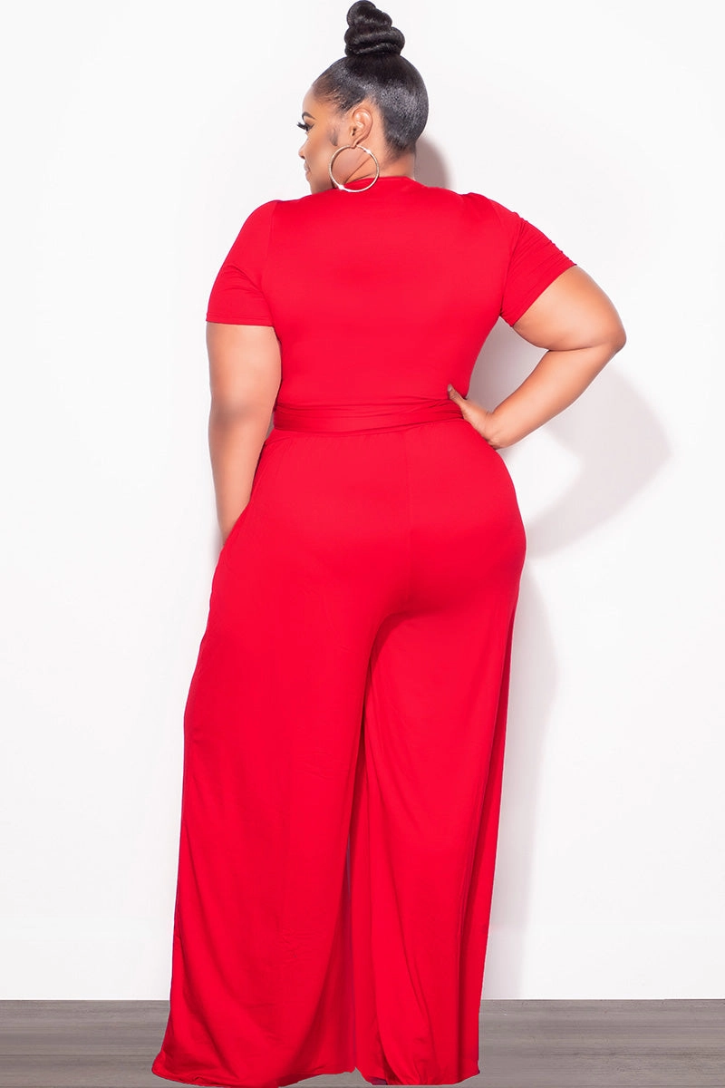 Final Sale Plus Size 2pc Short Sleeve Tie Top and Pants Set in Red Quick Dry Technology Flexible Leg