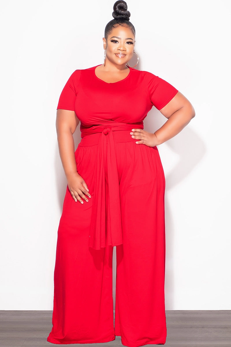 Stretch Waist Fashion Staple Final Sale Plus Size 2pc Short Sleeve Tie Top and Pants Set in Red
