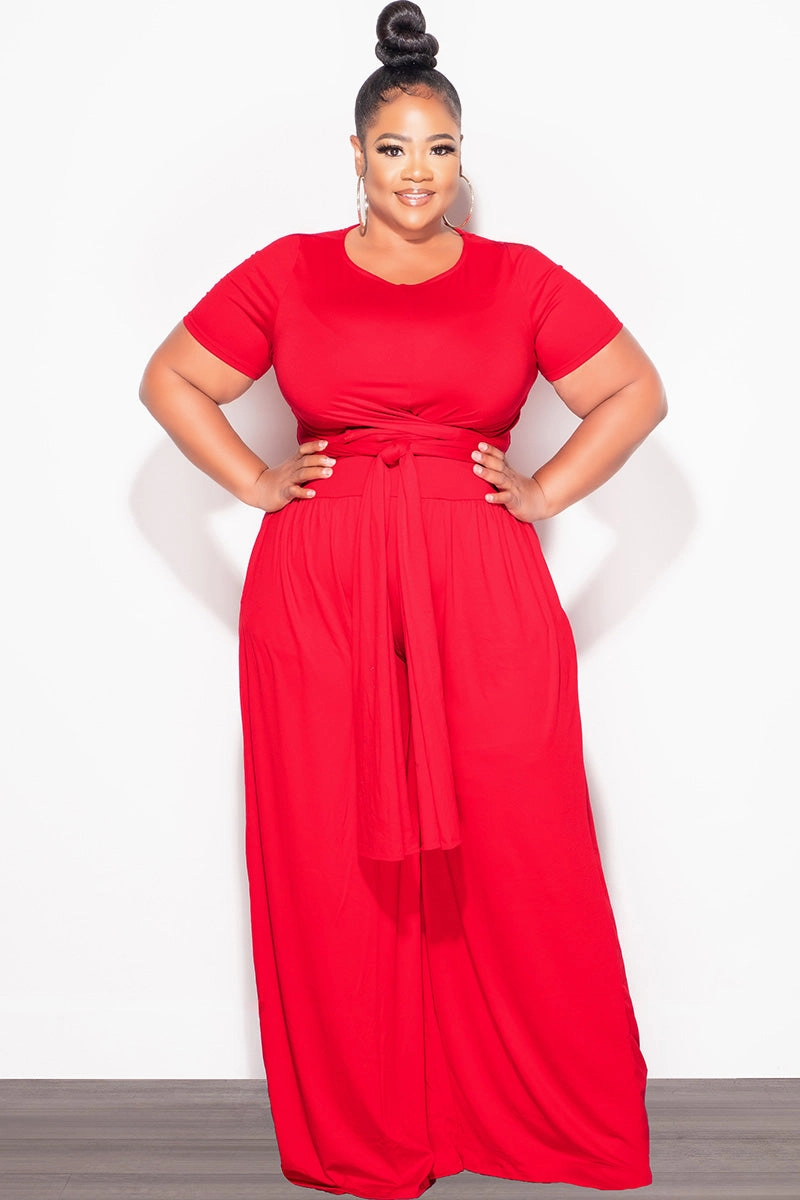 Soft Touch Wear Resistant Fabric Final Sale Plus Size 2pc Short Sleeve Tie Top and Pants Set in Red