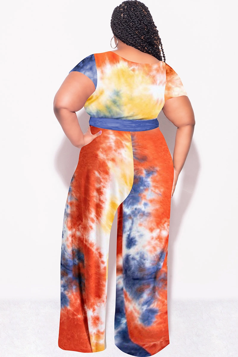Stay Comfortable Final Sale Plus Size 2pc Short Sleeve Tie Top and Pants Set in Rust Navy and Mustard Tie Dye Print