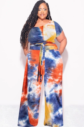 Final Sale Plus Size 2pc Short Sleeve Tie Top and Pants Set in Rust Navy and Mustard Tie Dye Print Non Iron Technology