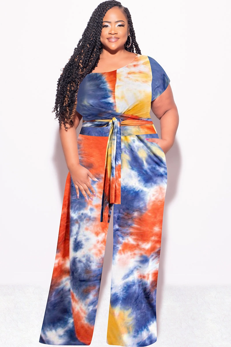 Final Sale Plus Size 2pc Short Sleeve Tie Top and Pants Set in Rust Navy and Mustard Tie Dye Print pilling resistant Comfort Layer