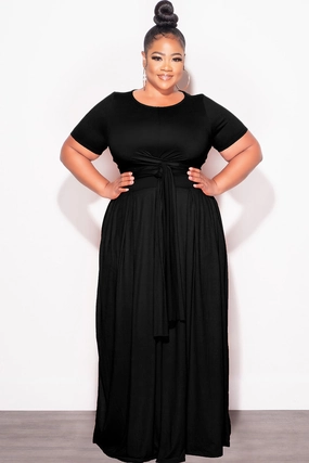 Final Sale Plus Size 2pc Short Sleeve Tie Top and Skirt Set in Black Movement Flex Classic Comfort