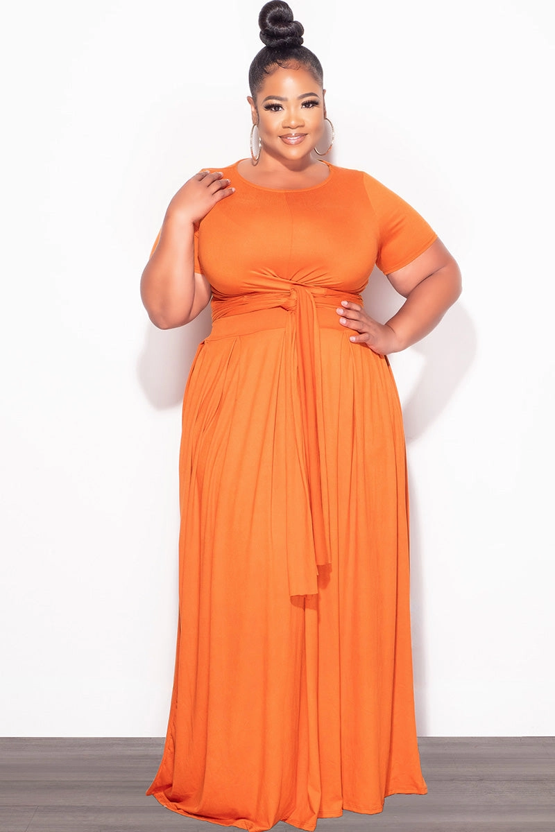 Final Sale Plus Size 2pc Short Sleeve Tie Top and Skirt Set in Orange Flex Fit Design Ripstop Texture