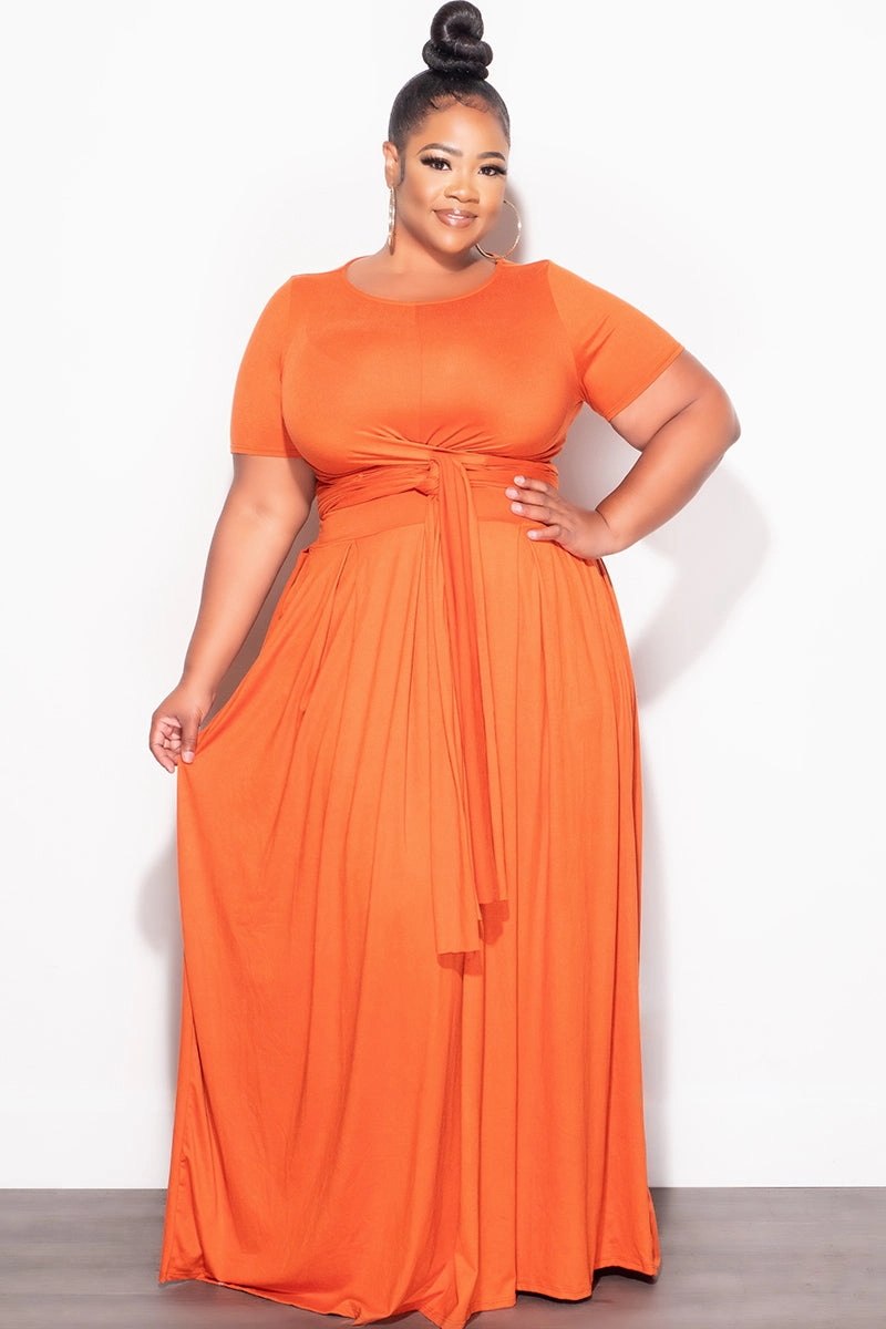 Performance Fit Final Sale Plus Size 2pc Short Sleeve Tie Top and Skirt Set in Orange