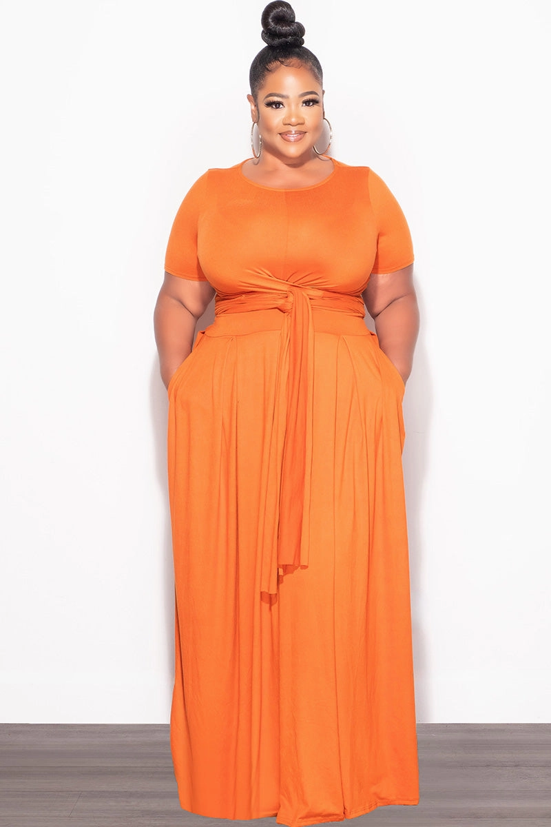 ReinforcedSeams Final Sale Plus Size 2pc Short Sleeve Tie Top and Skirt Set in Orange