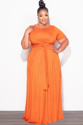 Final Sale Plus Size 2pc Short Sleeve Tie Top and Skirt Set in Orange Flex Fit Design Ripstop Texture