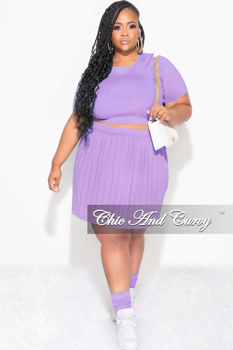 Cozy Casual Functional fashion wear Final Sale Plus Size 2pc Short Sleeve Top and Pleated Skirt Set in Lavender