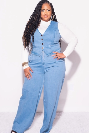 Light Reflective Details Chic Vibe Final Sale Plus Size 2pc Sleeveless Blazer Vest and Pants Set in Denim
