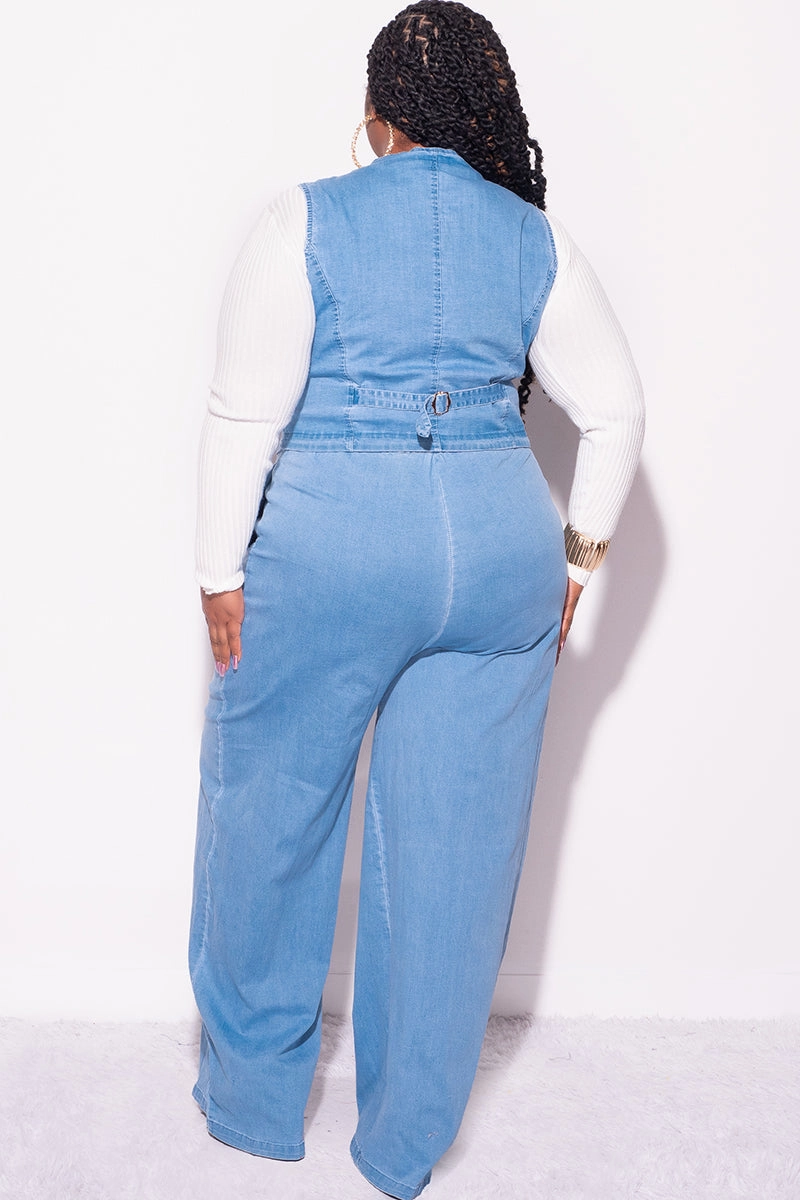 Mid-rise fit Final Sale Plus Size 2pc Sleeveless Blazer Vest and Pants Set in Denim
