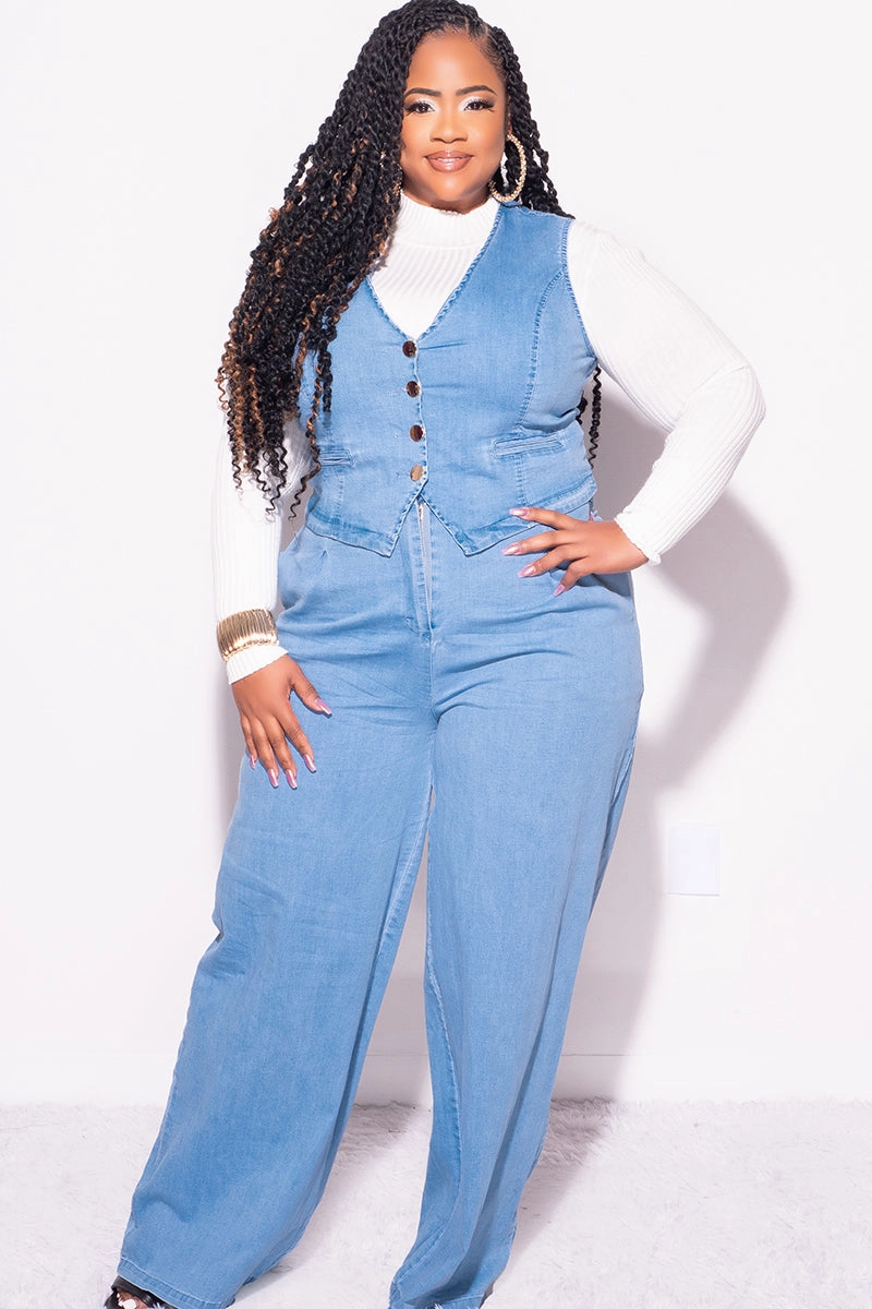 Light Reflective Details Chic Vibe Final Sale Plus Size 2pc Sleeveless Blazer Vest and Pants Set in Denim