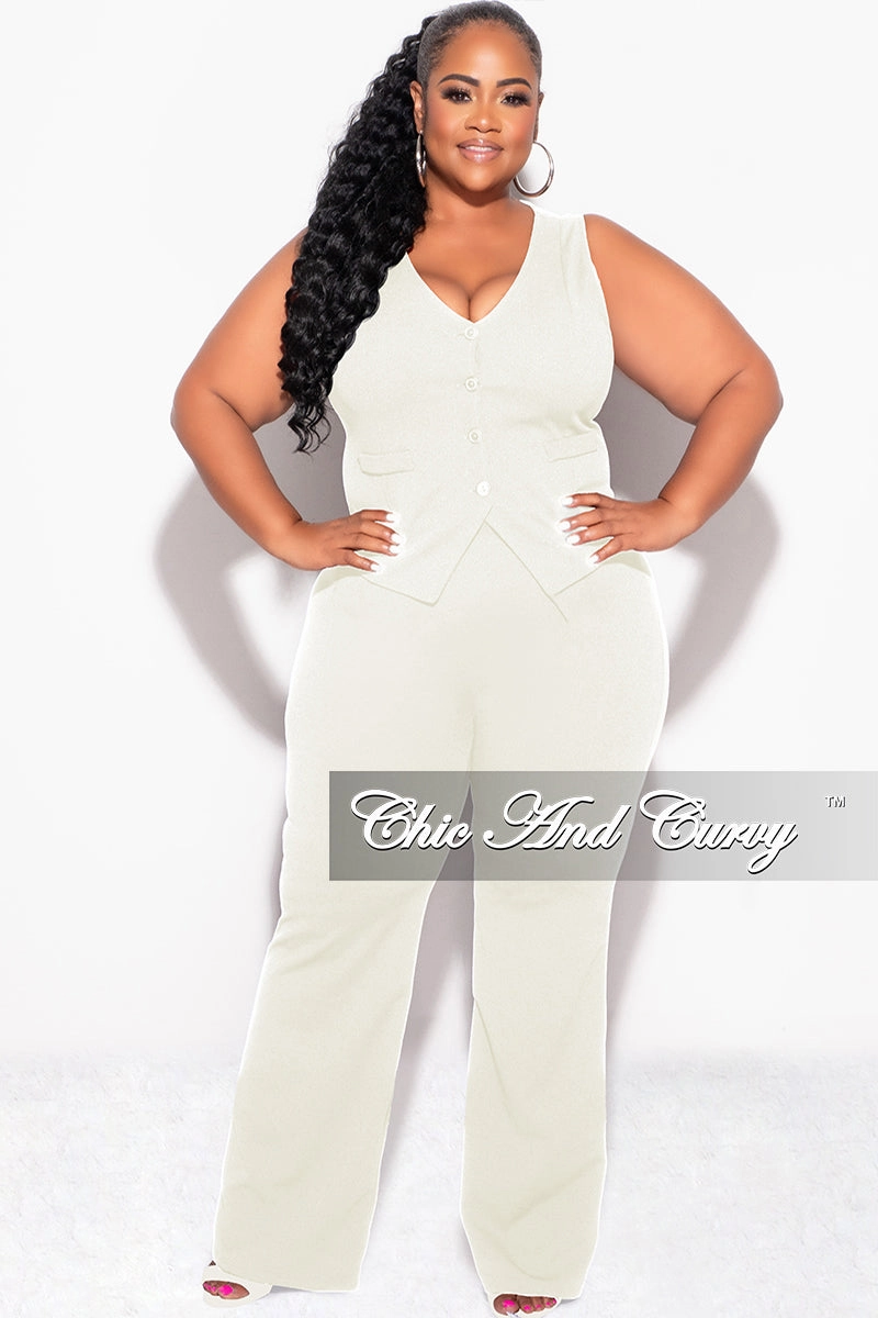 Modern Waist Stretchable Fit Final Sale Plus Size 2pc Sleeveless Blazer Vest and Pants Set in Ivory