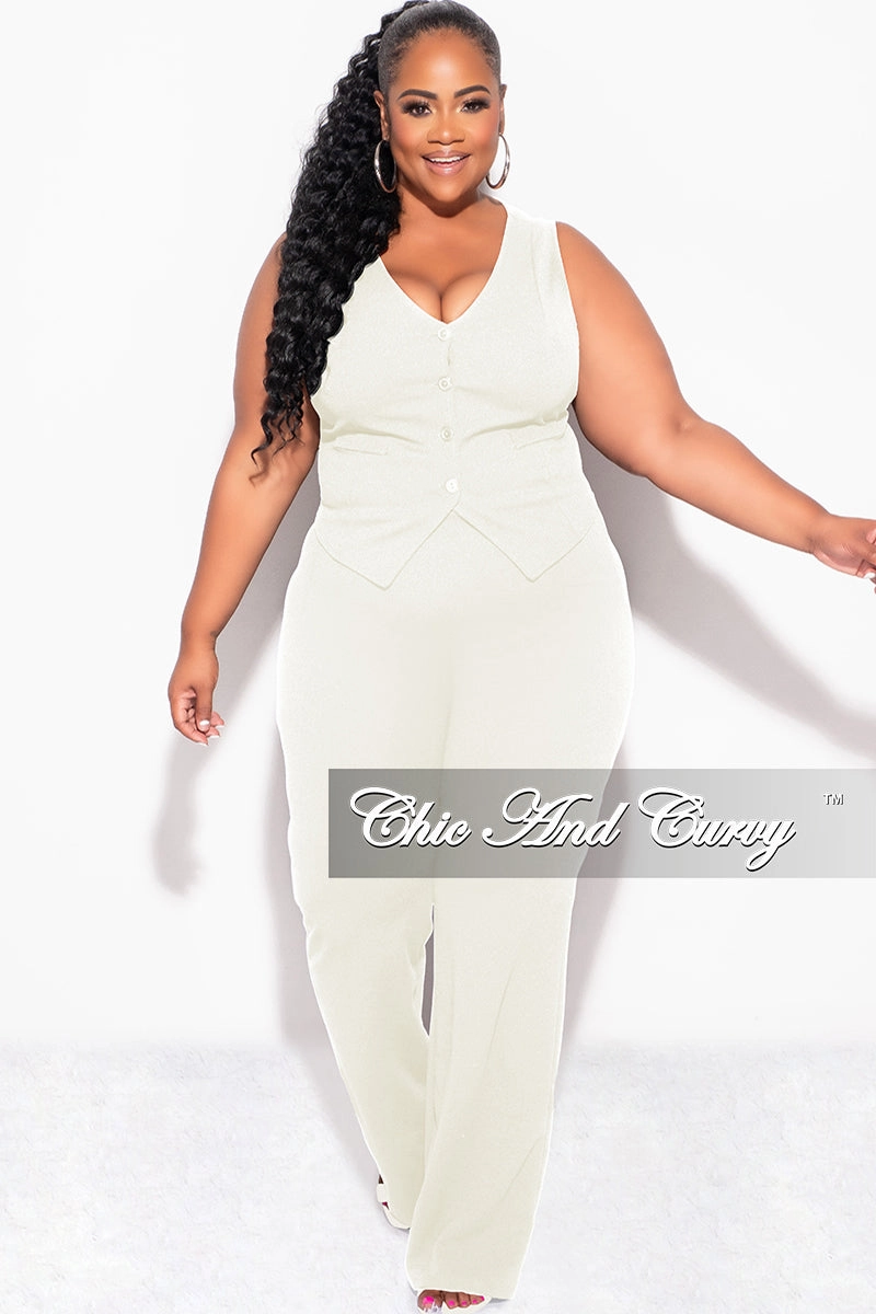 Final Sale Plus Size 2pc Sleeveless Blazer Vest and Pants Set in Ivory Anti Friction Lining Casual Look