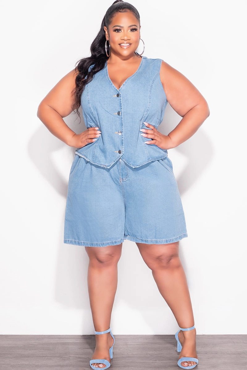 Final Sale Plus Size 2pc Sleeveless Blazer Vest Short Set in Denim Metallic accents Zero Waste Manufacturing