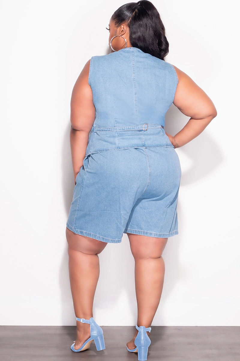 Final Sale Plus Size 2pc Sleeveless Blazer Vest Short Set in Denim Casual Layer Sport Layer