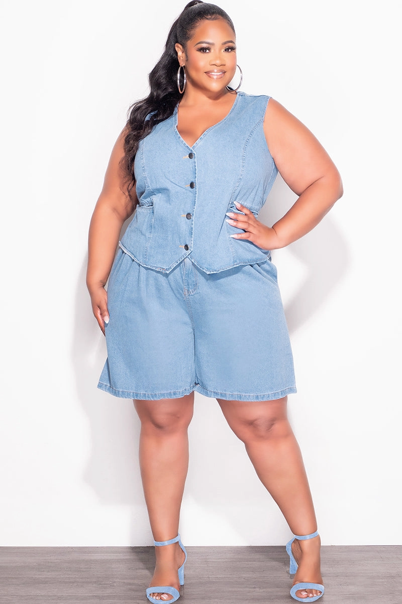 Final Sale Plus Size 2pc Sleeveless Blazer Vest Short Set in Denim Fashionable Look Stretch Panels