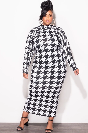 Solid shade Final Sale Plus Size 2pc Sleeveless Midi Dress with Crop Cardigan Black and White Houndstooth Print