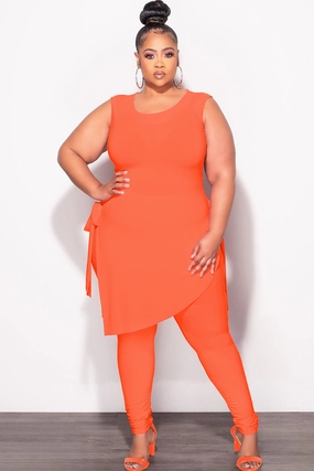Linen blend Final Sale Plus Size 2pc Sleeveless Top and Pants Set in Orange