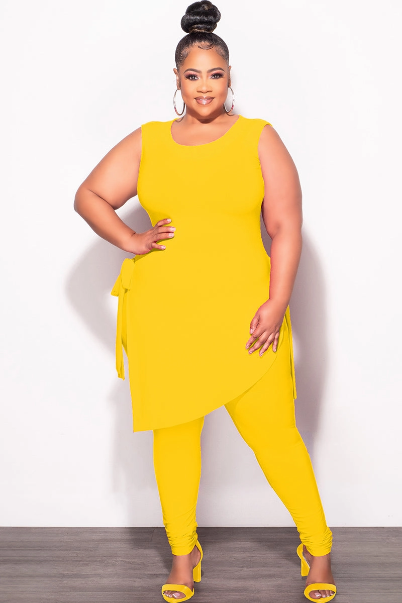 Final Sale Plus Size 2pc Sleeveless Top and Pants Set in Yellow Quick Access Zippers Quick Wash