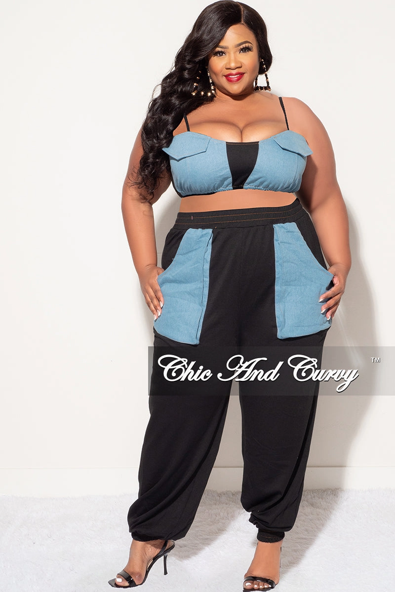 Comfort Base Premium Look Final Sale Plus Size 2pc Spaghetti Strap Crop Top And Pants In Black & Chambray