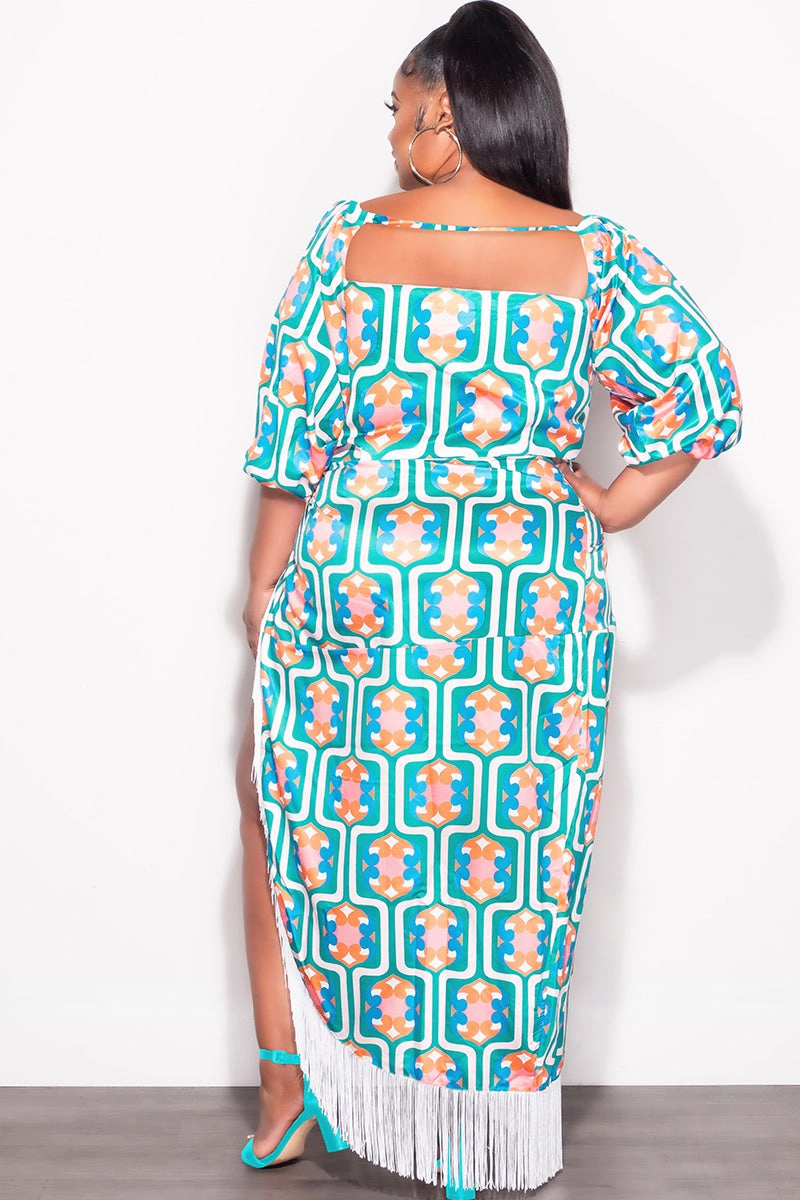 Perfect Layer Flattering Cut Final Sale Plus Size 2pc Stain Set (Crop Tie Top and Fringe Trim Skirt) in Green Design Print