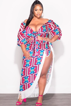 Final Sale Plus Size 2pc Stain Set (Crop Tie Top and Fringe Trim Skirt) in Magenta Design Print Sophisticated Look Padded hips