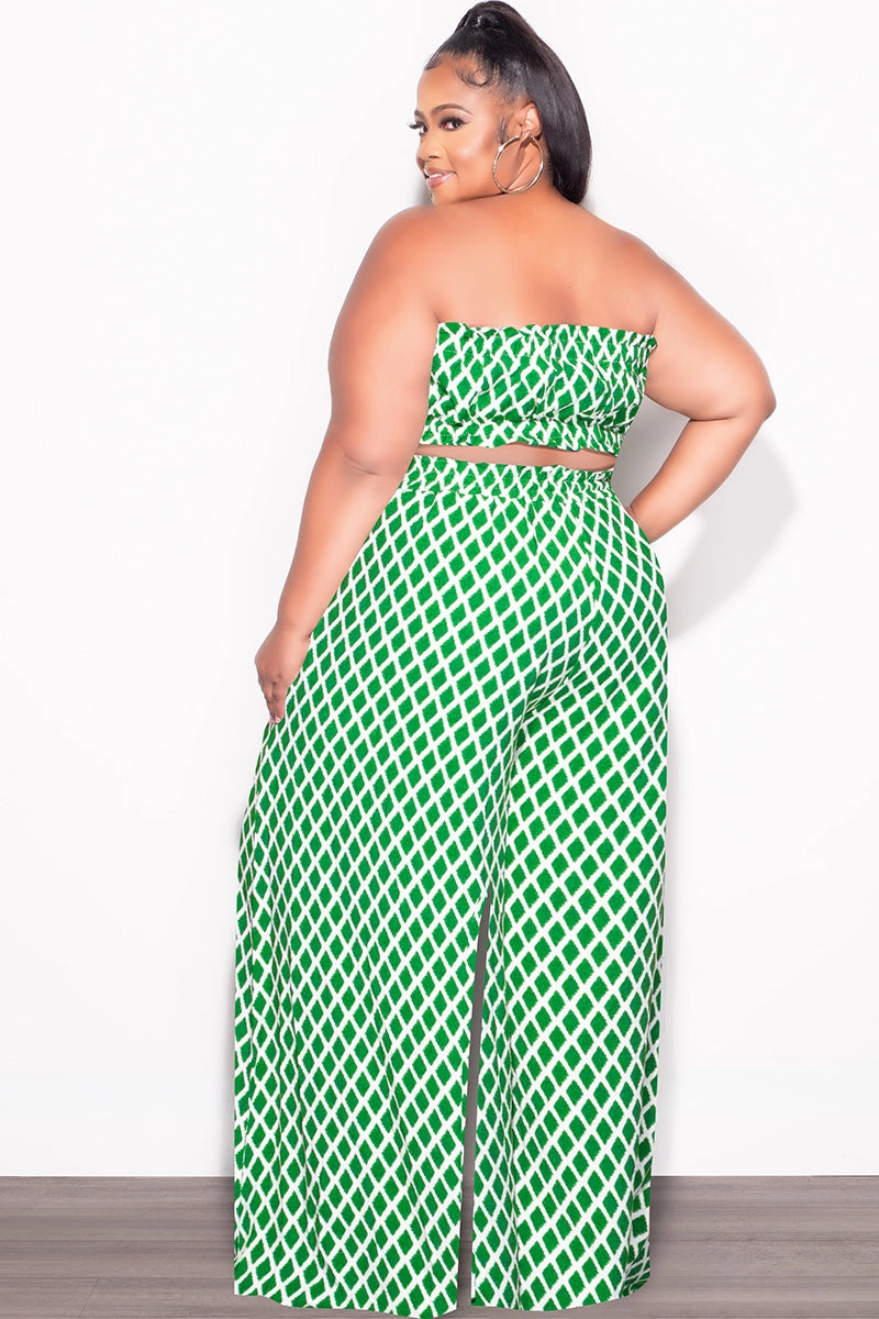 Relax Mode Final Sale Plus Size 2pc Strapless Crop Top and Flare Pants Set In Green & White Print
