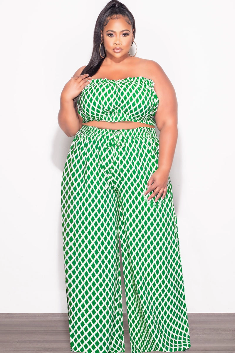 Minimal Cut LightweightConstruction Final Sale Plus Size 2pc Strapless Crop Top and Flare Pants Set In Green & White Print