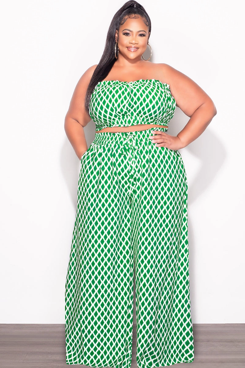 Final Sale Plus Size 2pc Strapless Crop Top and Flare Pants Set In Green & White Print Relaxed Vibe Body Ready