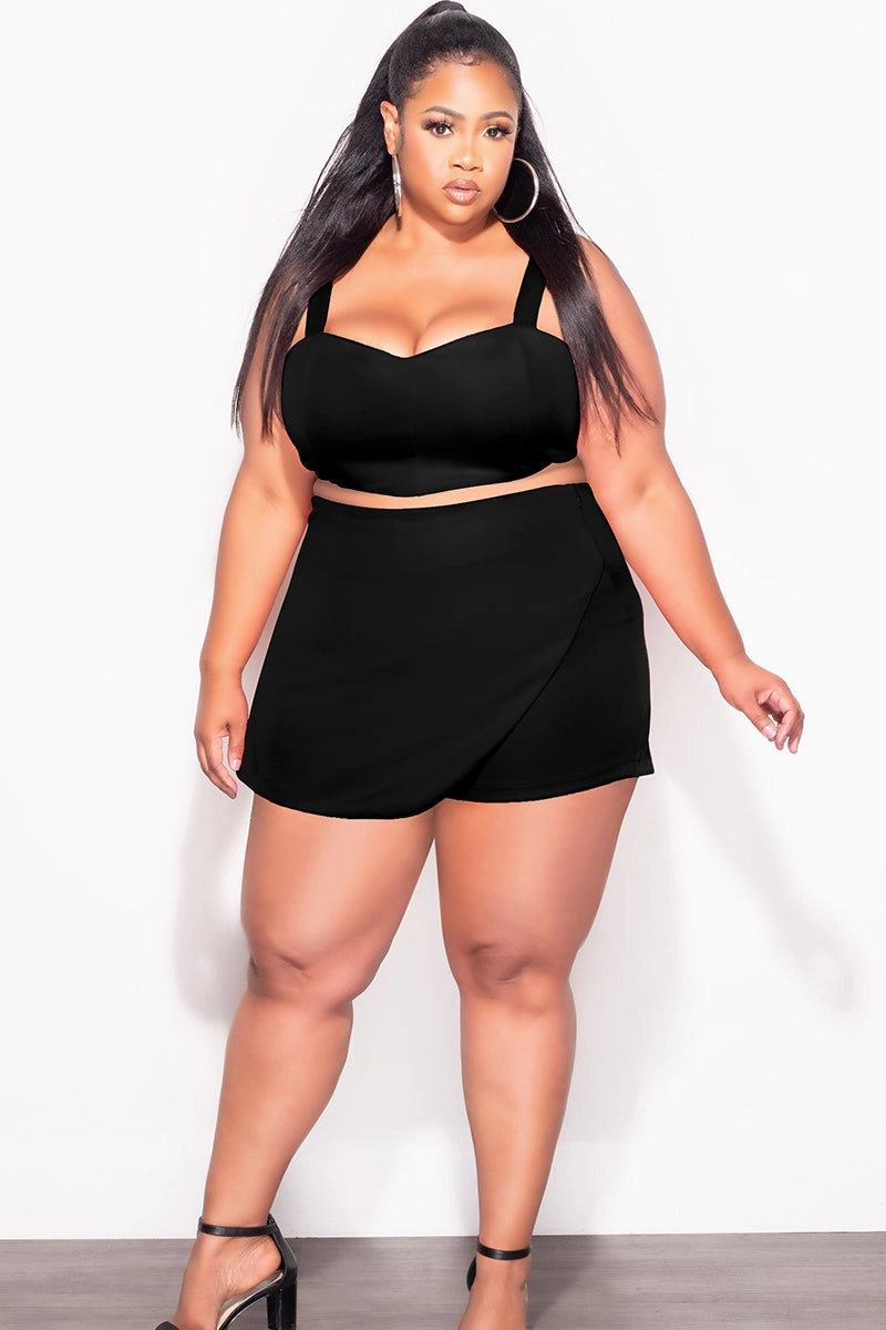 UltraSoftLining Final Sale Plus Size 2pc Strapless Crop Top and Skort Set in Black