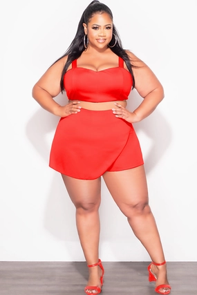 Walk Friendly SoftLining Final Sale Plus Size 2pc Strapless Crop Top and Skort Set in Dark Coral