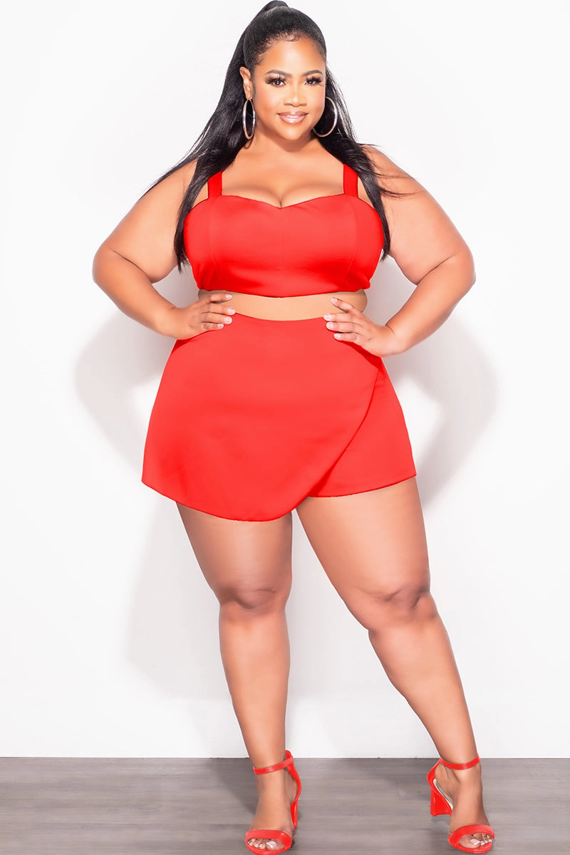 Walk Friendly SoftLining Final Sale Plus Size 2pc Strapless Crop Top and Skort Set in Dark Coral