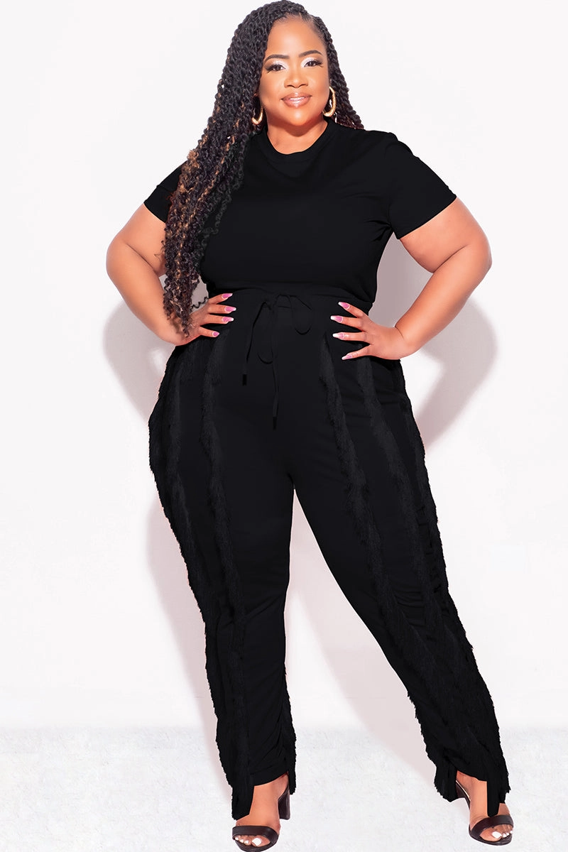 Final Sale Plus Size 2pc Tassel Pant Set in Black Reinforced Pockets