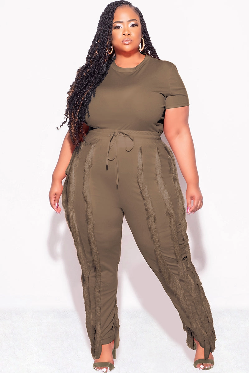 Final Sale Plus Size 2pc Tassel Pant Set in Mocha Everyday Flex Stretch Layer Fit