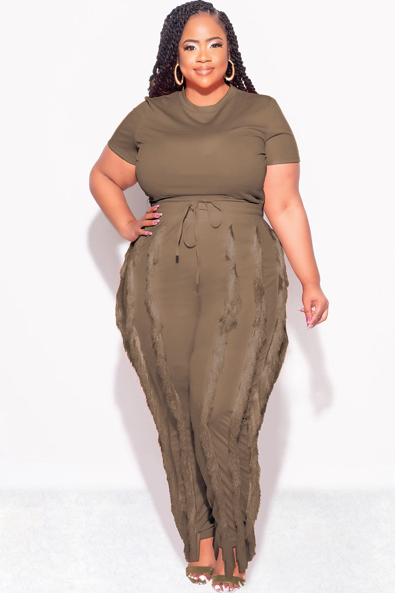 Hygienic Inner Layer Final Sale Plus Size 2pc Tassel Pant Set in Mocha