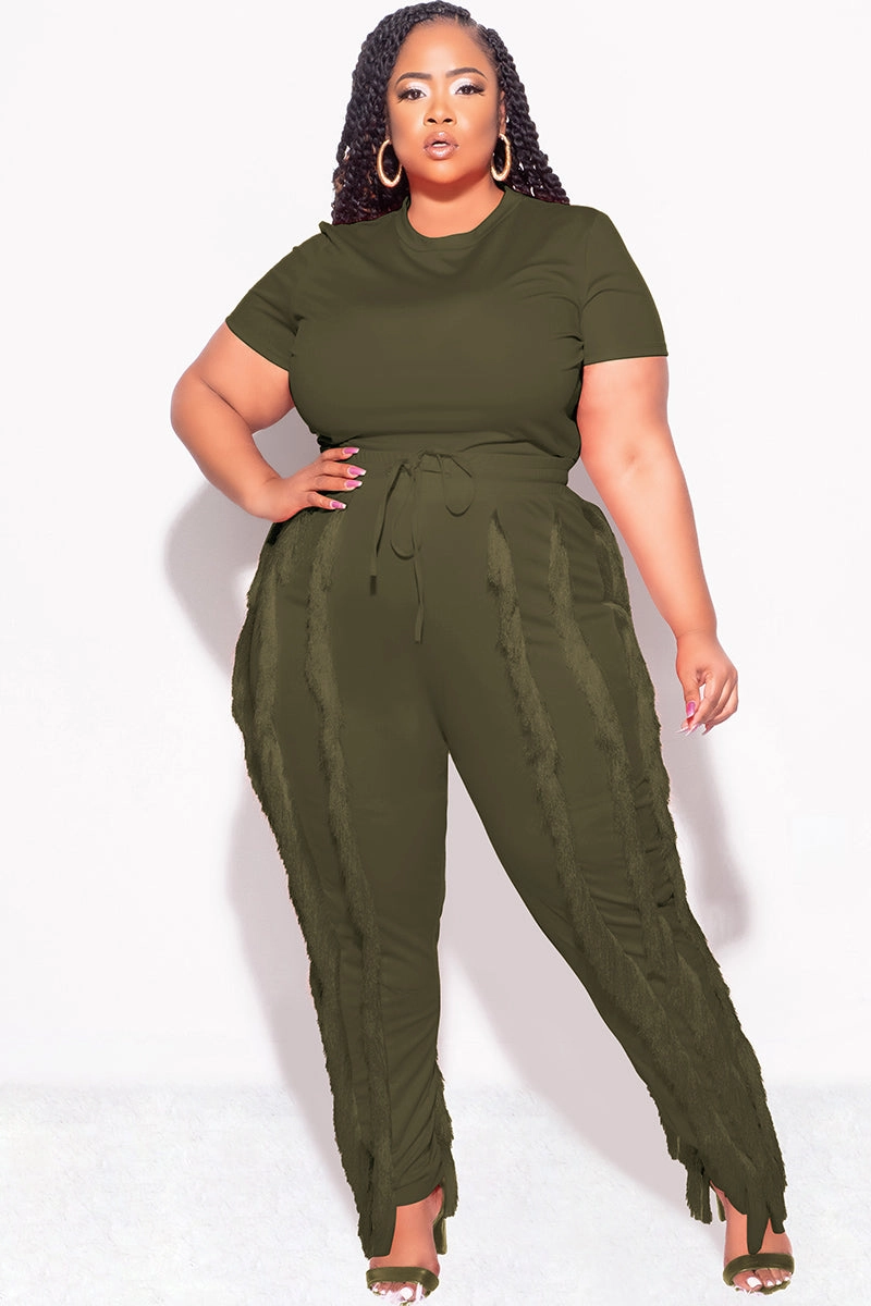 Final Sale Plus Size 2pc Tassel Pant Set in Olive Timeless Design Four Way Stretch