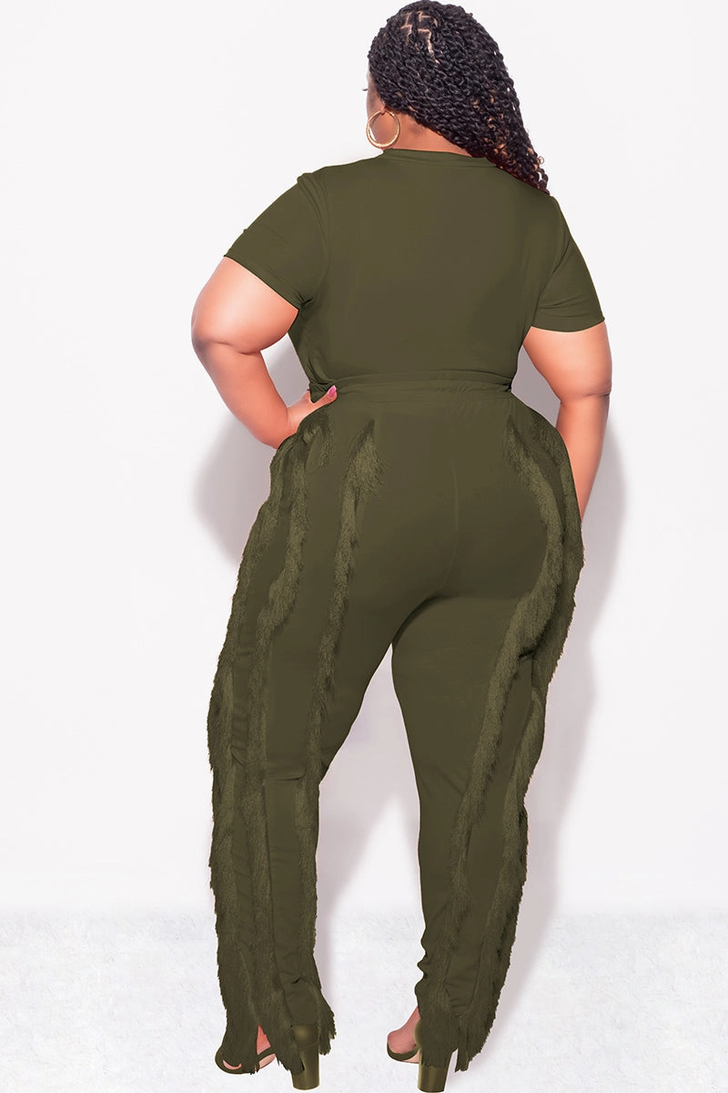 UltraSoftLining Durable Construction Final Sale Plus Size 2pc Tassel Pant Set in Olive