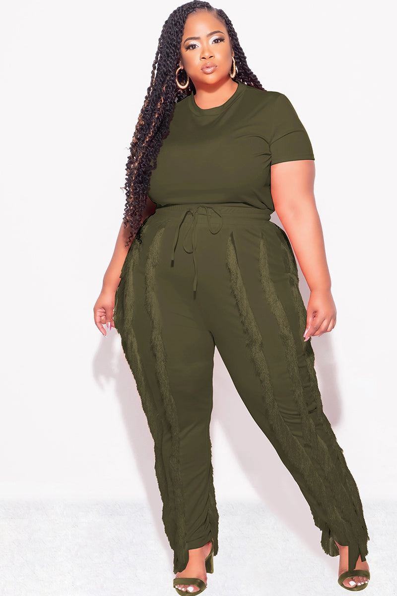 Final Sale Plus Size 2pc Tassel Pant Set in Olive Layered Style