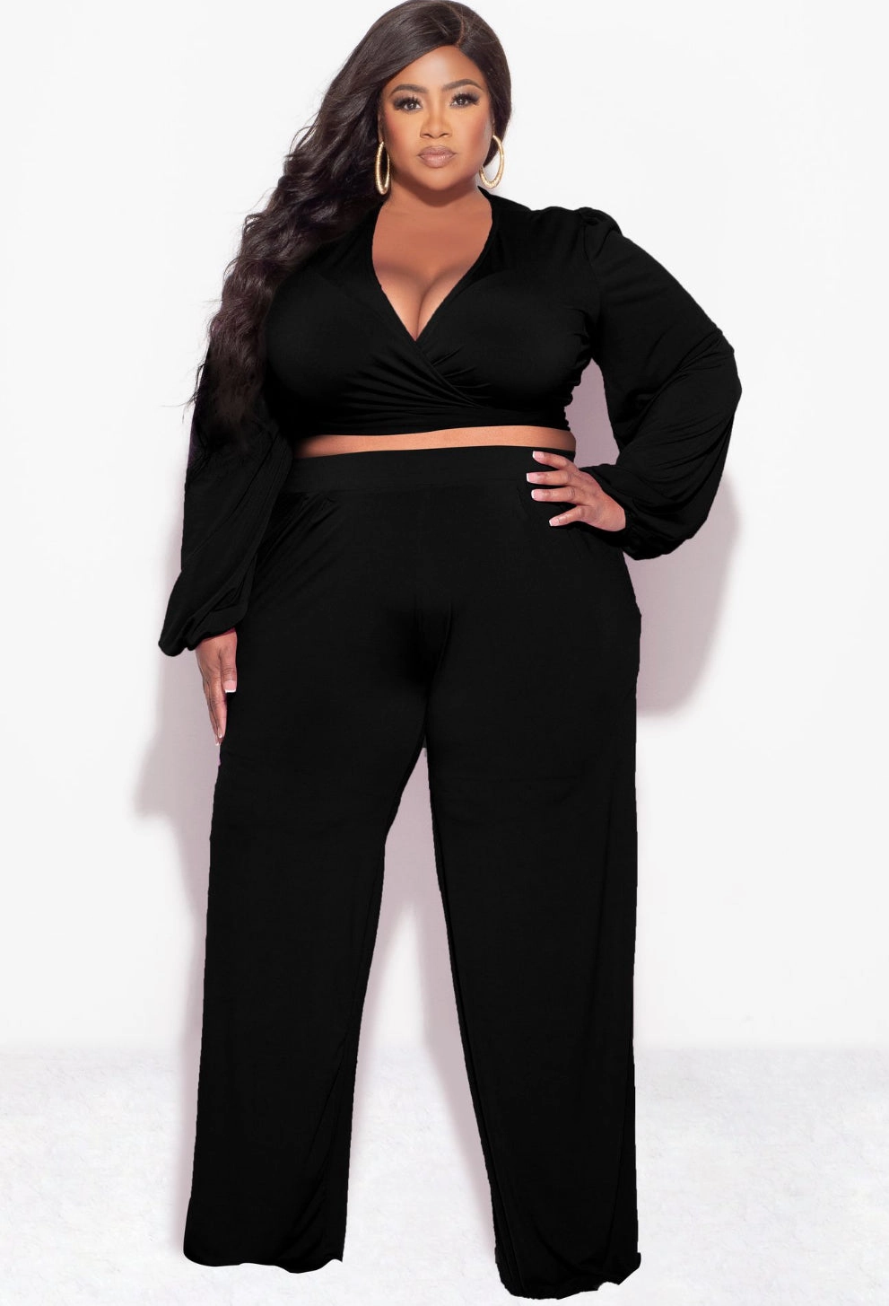 Final Sale Plus Size 2pc Tie Top & Pants in Black SeamlessPockets Effortless Fit