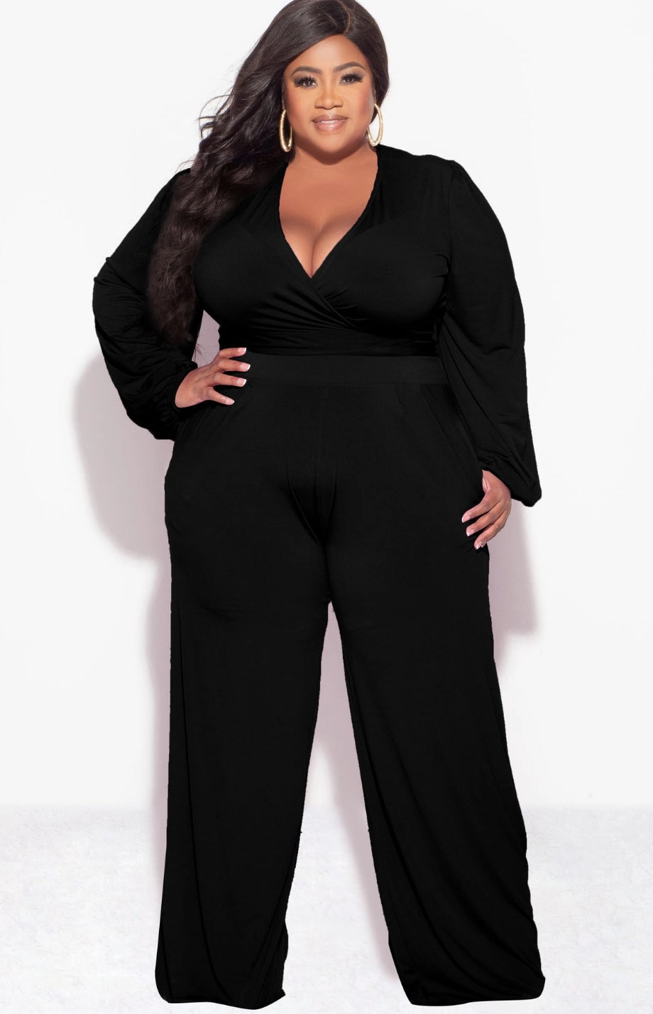 Final Sale Plus Size 2pc Tie Top & Pants in Black Sporty Fit Design