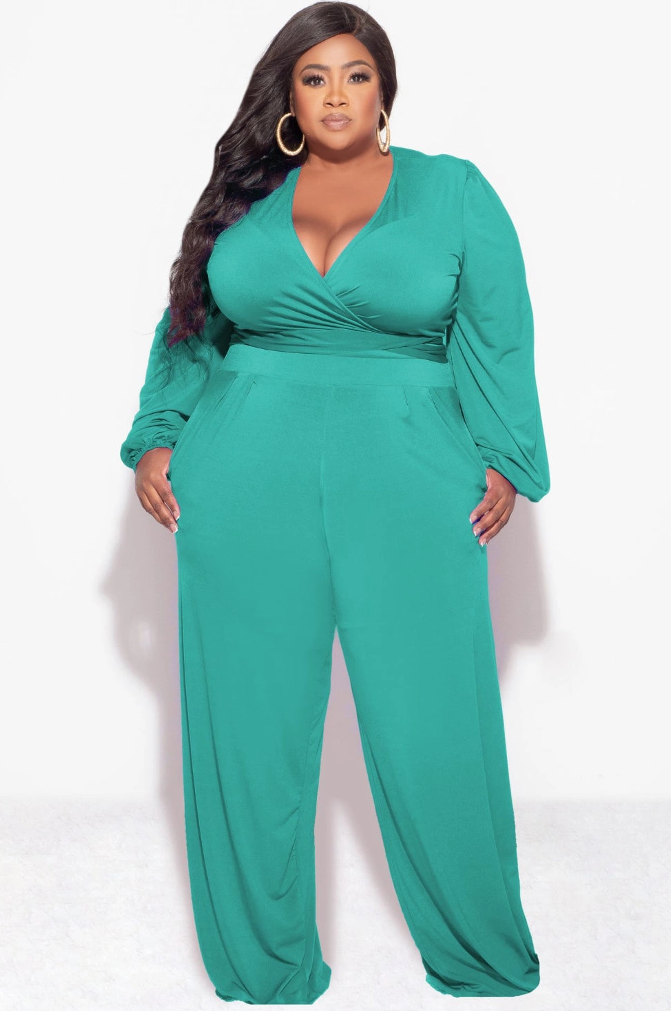 Final Sale Plus Size 2pc Tie Top & Pants in Green Professional Wear Layering Comfort