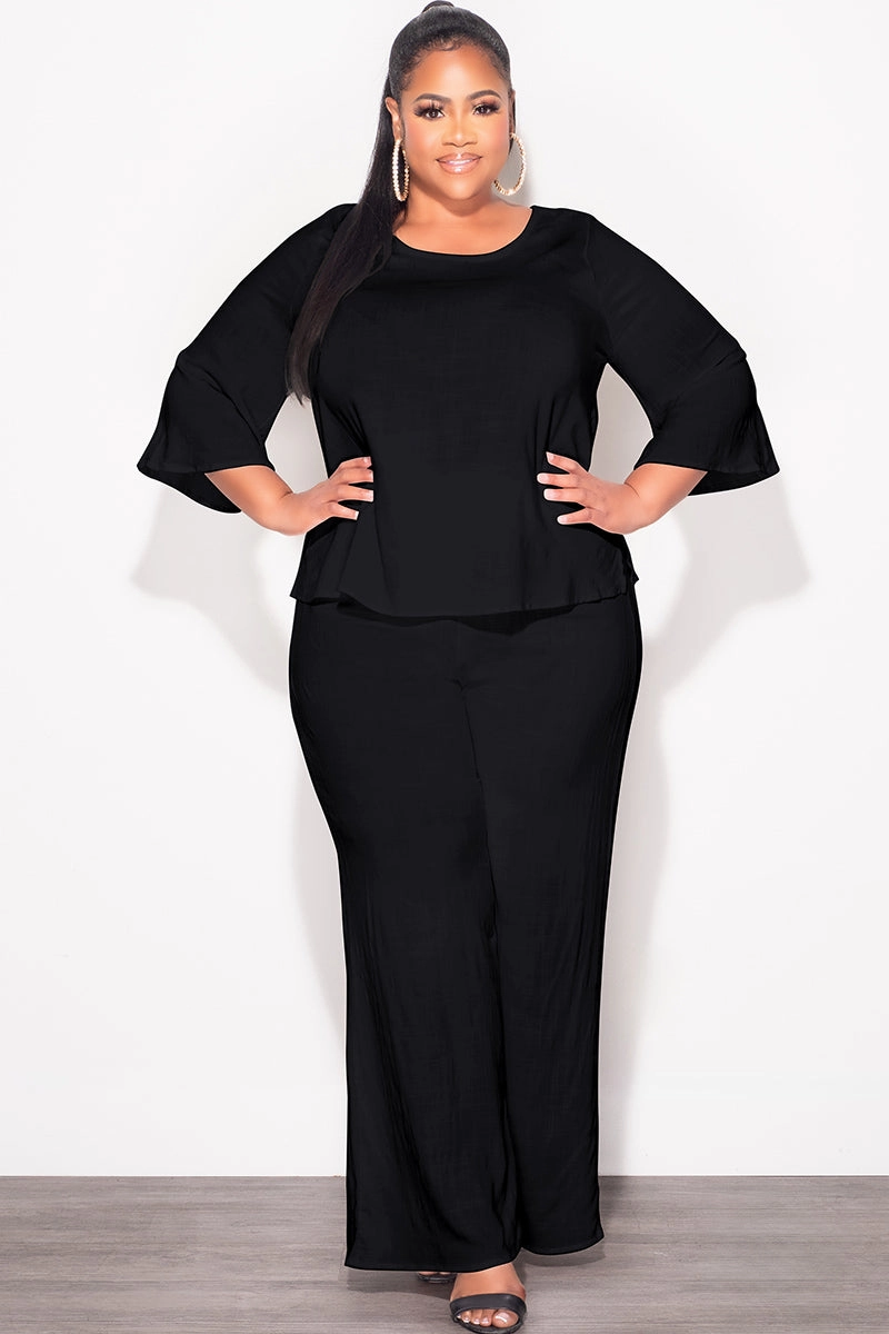 Final Sale Plus Size 2pc Top and Pants Set in Black Linen Versatile Comfort Wear