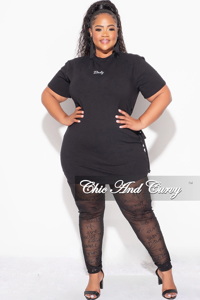 Packable Fit Long Wear Final Sale Plus Size 2pc Top with Side Cutout and Mesh Glitter Leggings Set in Black