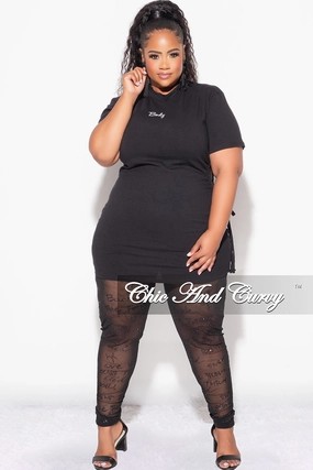 Cozy Stretch Final Sale Plus Size 2pc Top with Side Cutout and Mesh Glitter Leggings Set in Black