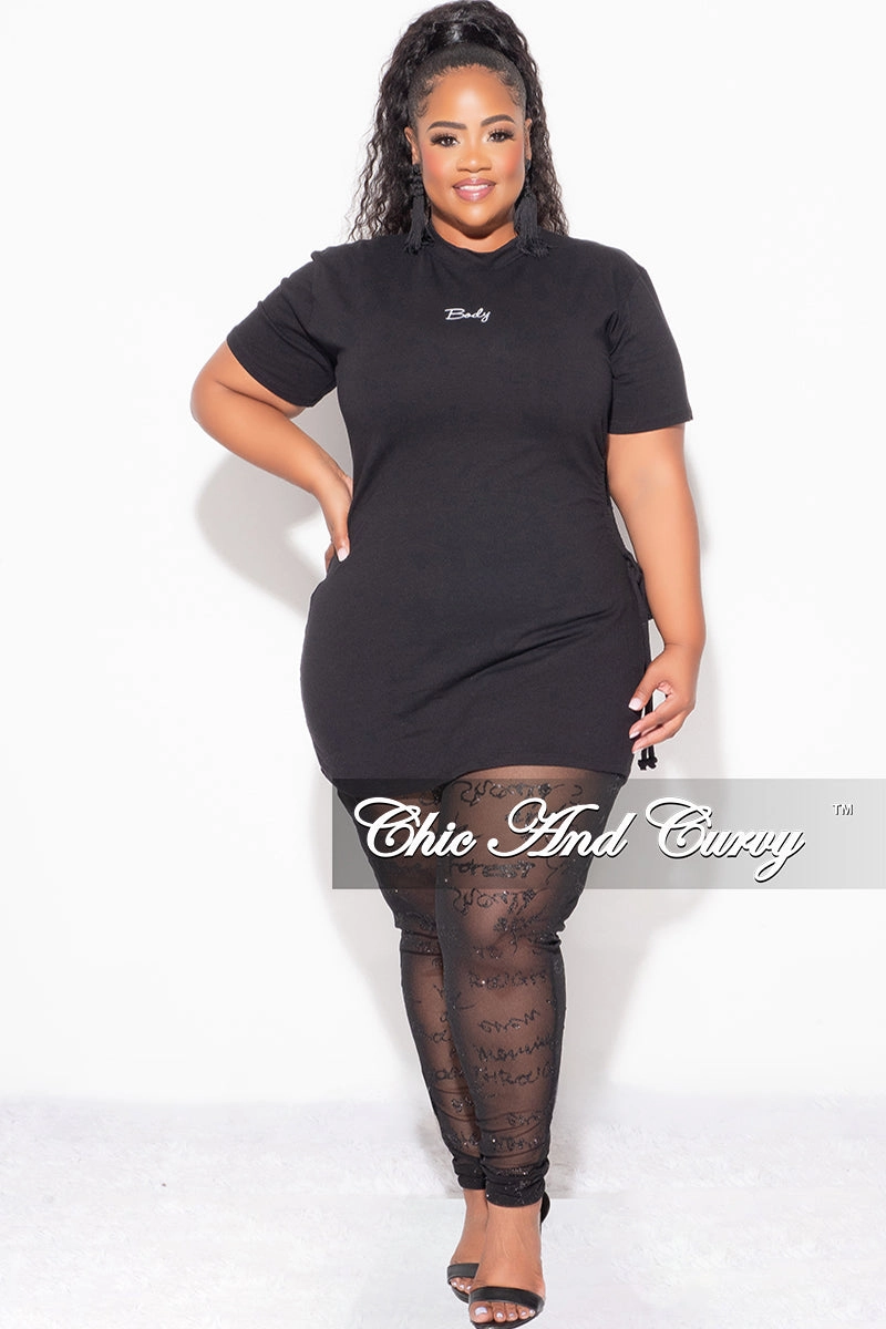 TearResistantMaterial Layered Comfort Final Sale Plus Size 2pc Top with Side Cutout and Mesh Glitter Leggings Set in Black