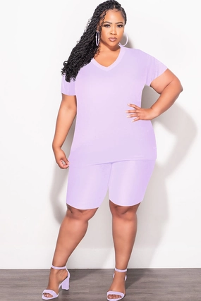 Cold Weather Wear Sport Flex Final Sale Plus Size 2pc V Neck Biker Shorts Set in Lavender