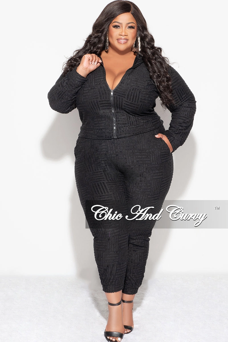 Stretchable Commuter Fit Final Sale Plus Size 2pc Velvet Hooded Zip-Up Jacket and Pants Set in Black